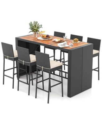 7-Piece Rattan Patio Bar Set with Acacia Wood Top and 6 Stools