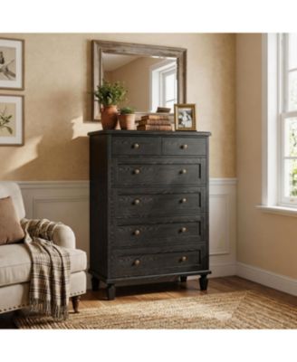 47" Tall 6 Drawer Dresser, Vintage Wooden Chest, Carved Handles and Tapered Legs, Large Storage for Bedroom, Living Room, Entryway