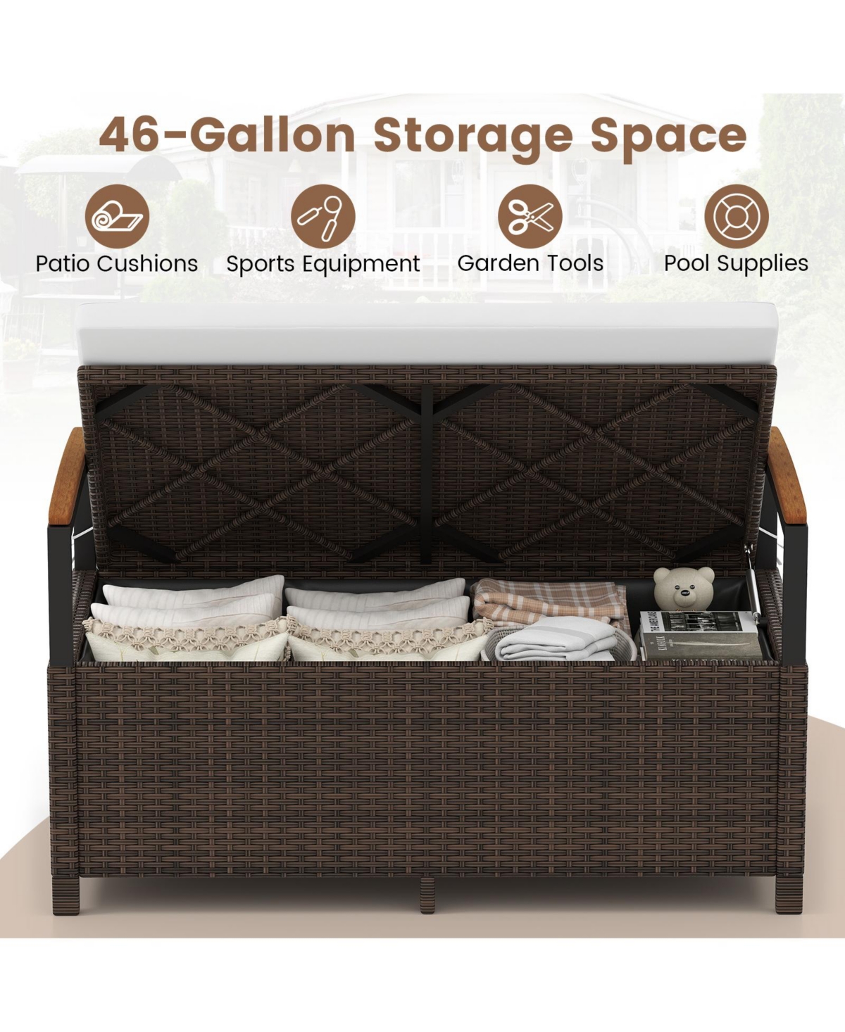 Gymax Outdoor Storage BenchCushion Backrest and Acacia Wood Armrests Hidden Storage