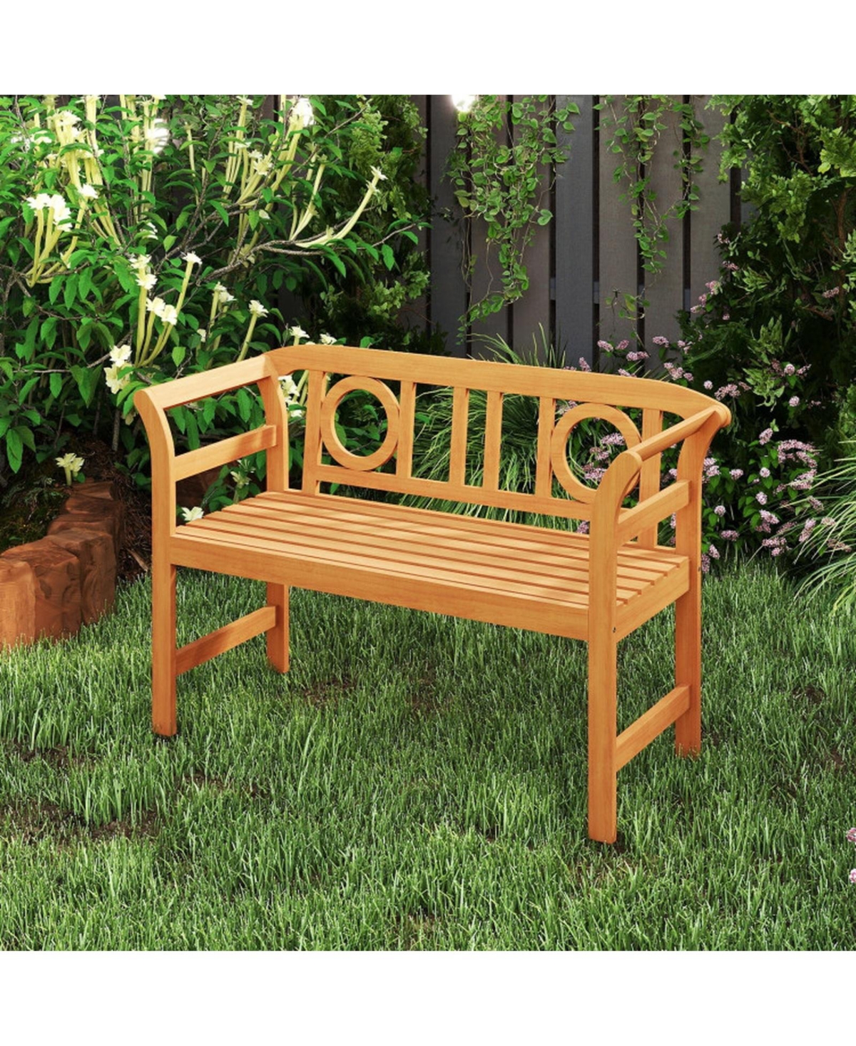 Gouun Acacia Wood Patio Loveseat for 2 with Geometric Backrest and Armrests, 47 x 20 x 31 in