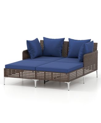 Outdoor Rattan Double Daybed Wicker Chaise Lounge for 2 w/ Seat and Back Cushions