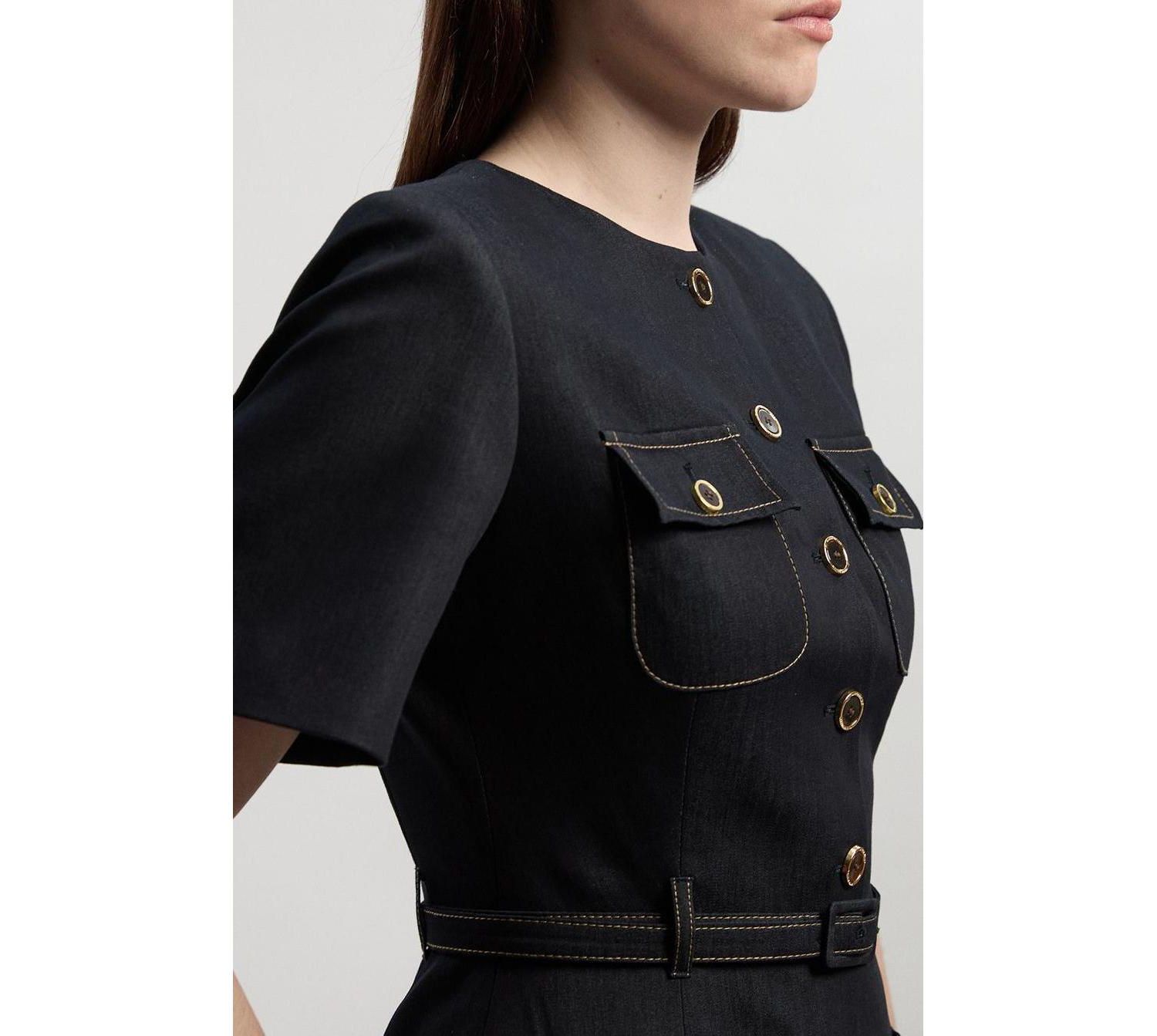 Women's Tailored Denim Belted Midi Dress