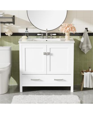 36 Inch Bathroom Vanity with Ceramic Sink, Solid Wood Frame, Soft Close Doors and Divided Drawer for Small Spaces