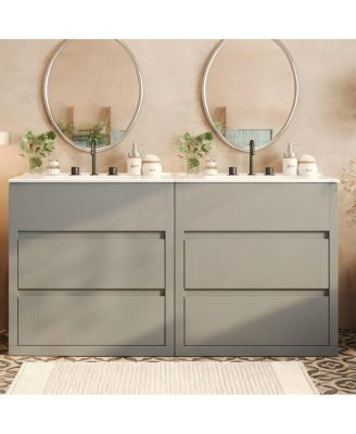 60 Inch Double Sink Bathroom Vanity Set, Ceramic Basins, Soft-Close Drawers, Handleless Design for Modern Bathroom