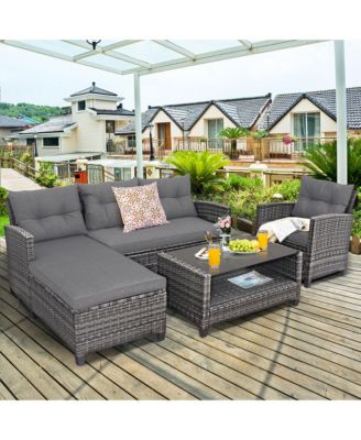 4PCS Patio Rattan Furniture Set Cushioned Loveseat Table Shelf