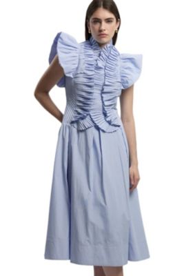 Women's High Neck Pleated Ruffle Midi Dress