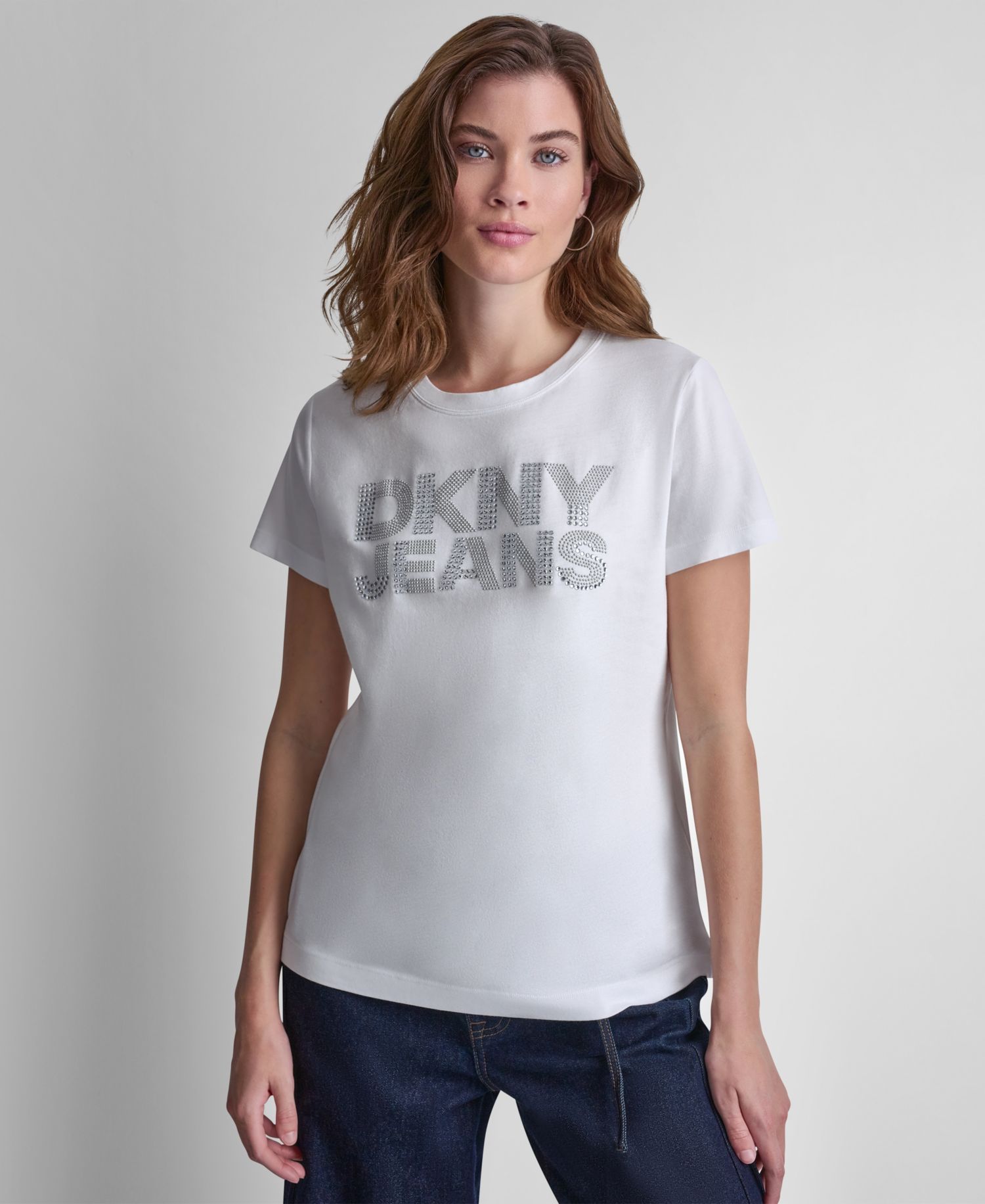 Women's Stacked Rhinestone Dome Stud Logo Crewneck T-Shirt
