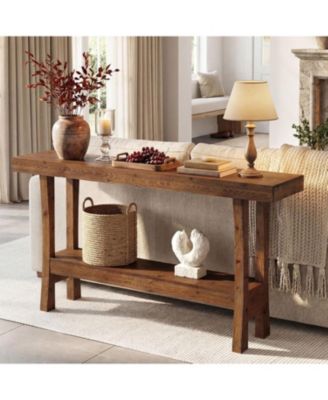 63" Farmhouse Solid Wood Console Table, Narrow Entryway Table with 2-Tier Storage Shelf