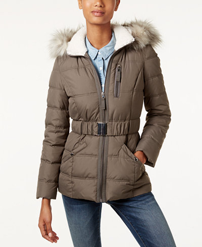 Laundry by Design Faux-Fur-Trim Belted Puffer Coat