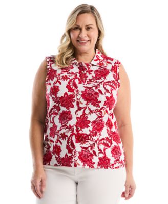 Plus Size Botanical Print Ruffle Trim Sleeveless Polo Shirt