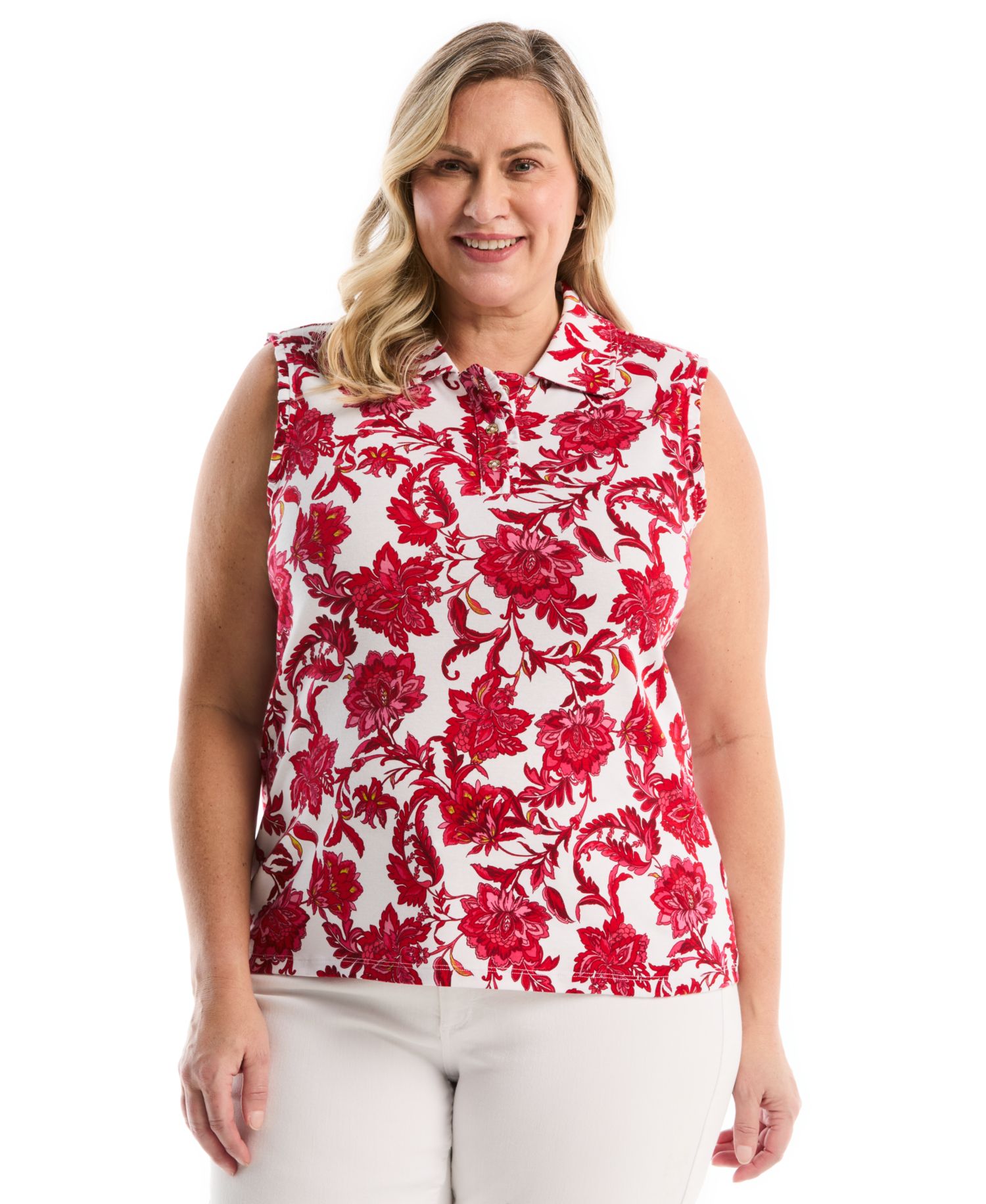 Plus Size Botanical Print Ruffle Trim Sleeveless Polo Shirt