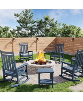 HDPE Rocking Chair Outdoor Set of 4 with 2 Side Table - All Weather Resistant Poly High Back Porch Rocker Chairs