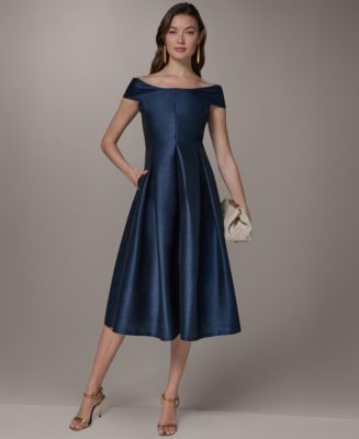 new york and company off the shoulder dress Donna Karan Women's Off The Shoulder Midi Fit And Flare Dress in Nightfall Blue, Size 2