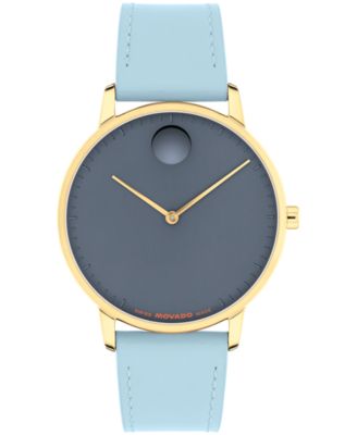 Men's Face Swiss Quartz Light Blue Leather Watch 39mm