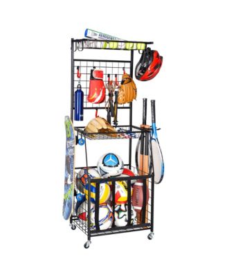 Rolling Sports Equipment Organizer with Ball Bin, Hooks and Shelves