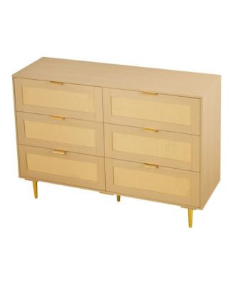 6 Drawer Rattan Dresser Double Dresser for Bedroom Rattan Chest of Drawers with Metal