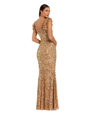macys gold long dress Mac Duggal Women's Long Sleeve Off The Shoulder Metallic Gown
