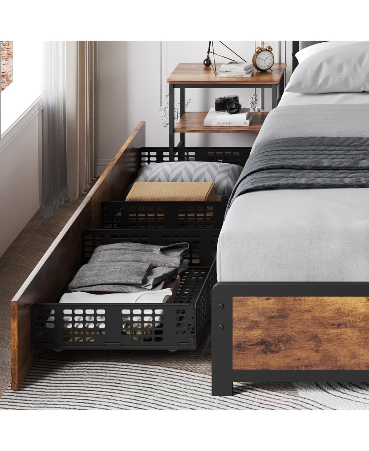 homfan Storage Bed Frame with Linen Upholstered Headboard, 4 Drawers