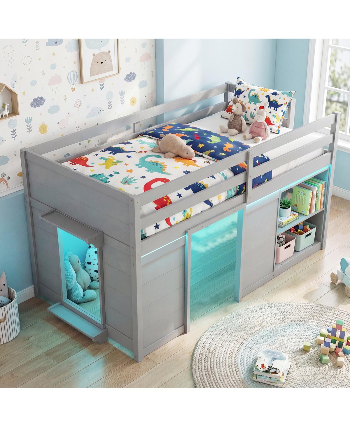 Slickblue Kids Wooden Low Loft Bed with Led Lighting and Dual Doors Storage Design
