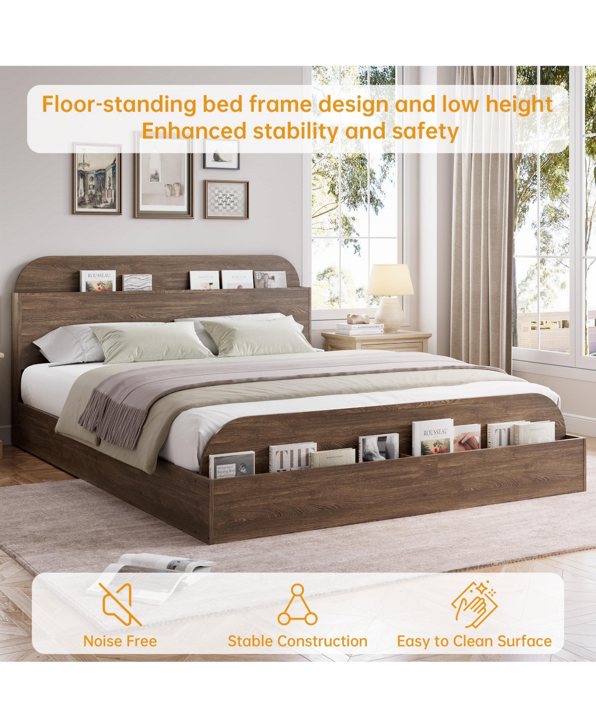 Homfan Wooden Beds with Storage Headboard and Raised-Foodboard, Twin-Floor Low Platform Bed for Bedroom
