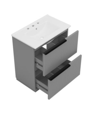 30 Inch Bathroom Vanity with Ceramic Sink Full Extension Drawers Soft Close Slides Fluted Design Freestanding Storage Cabinet