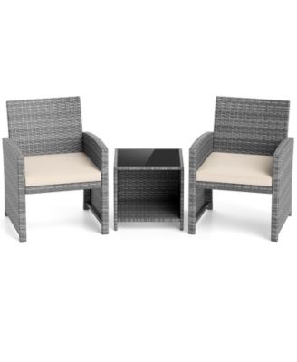 3-Piece Patio Furniture Set with Tempered Glass Coffee Table and Soft Seat Cushions