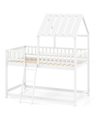 House Style Twin Over Twin Bunk Bed with Roof, Guardrails for Kids and Teens Room
