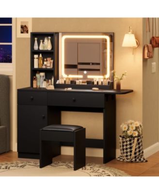 Vanity Desk with Mirror and Light, Makeup Vanity with 2 Drawers and Open Shelves, 3-Color Lights, Dressing Table for Women Bedroom