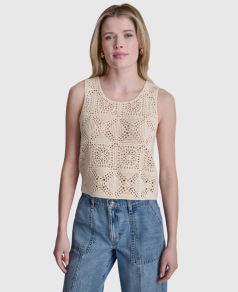 Женский свитер DKNY Jeans Sleeveless Crochet Square Knit Tank Sweater, цвет: Сливочный