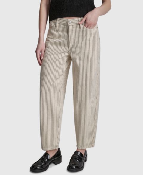 Женские джинсы DKNY Jeans Mid-Rise Striped Baby Barrel-Leg, цвет: Слоновая кость / Чёрный