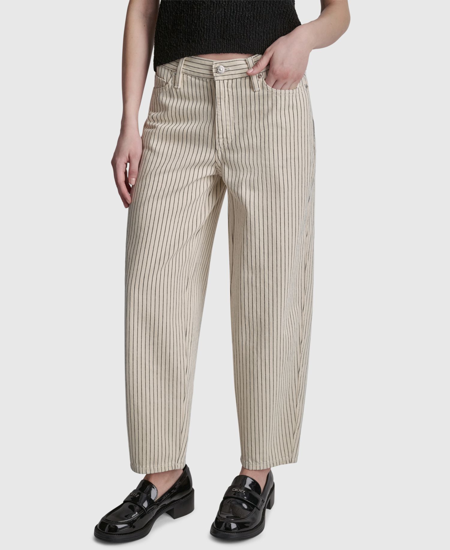 Women's Mid-Rise Striped Baby Barrel-Leg Jeans
