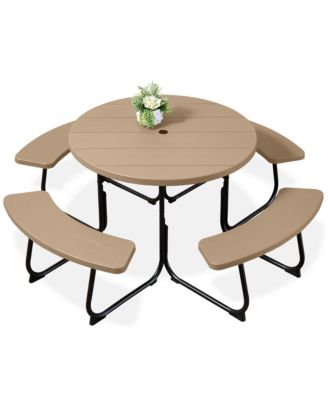 8-Person Circular Outdoor Picnic Table w/ 4 Benches, Umbrella Hole, 2000lb Capacity