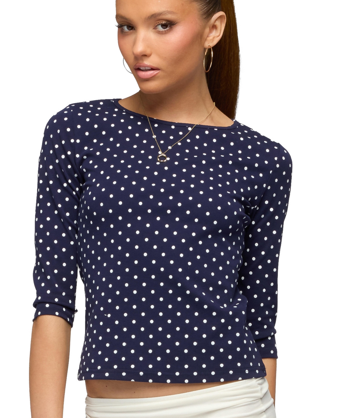 Edikted Women's Lela Polka Dot Quarter Sleeve Top - Navy-and-cream