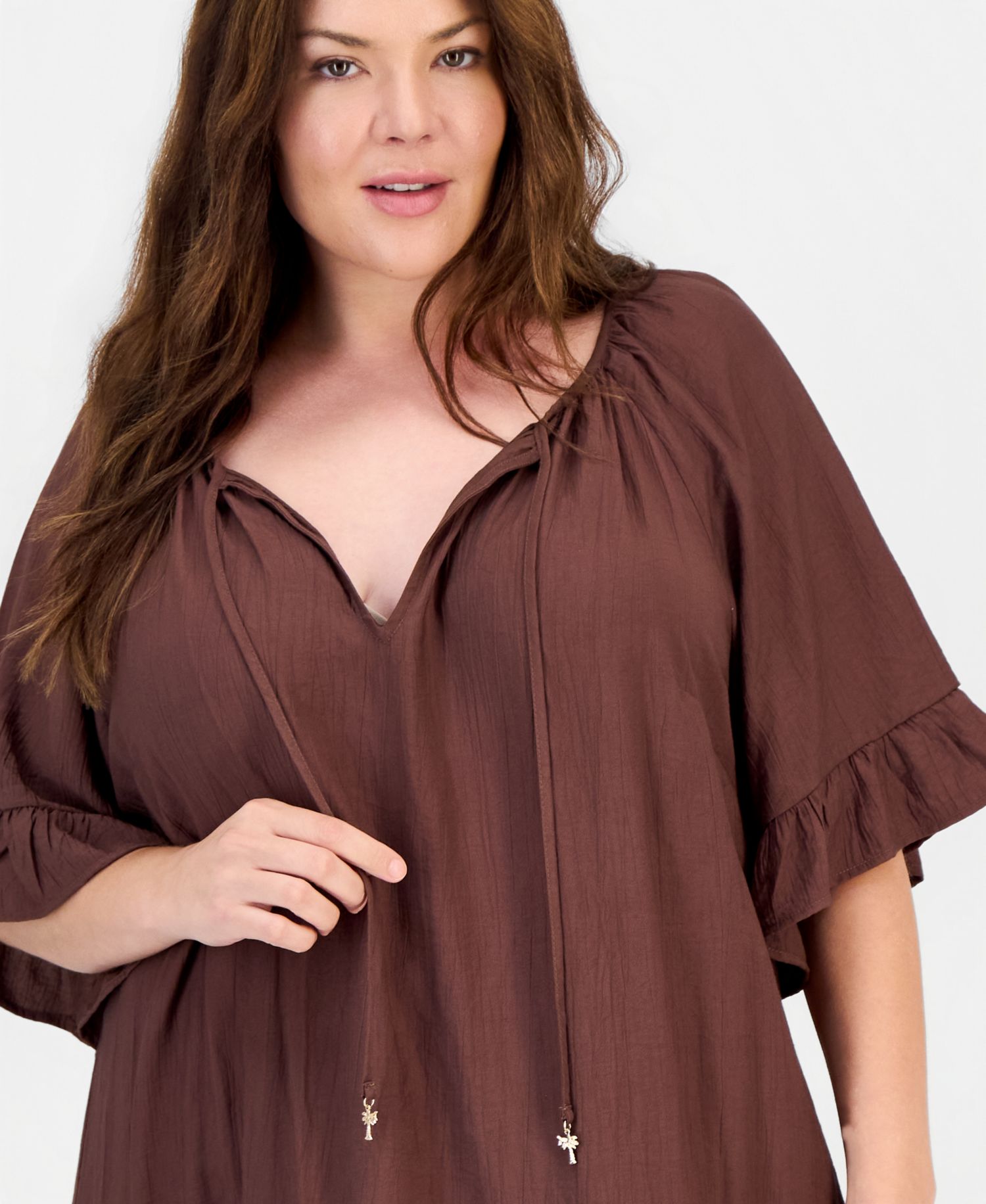 Plus Size Ruffle-Hem Bell-Sleeve Split-Neck Dress