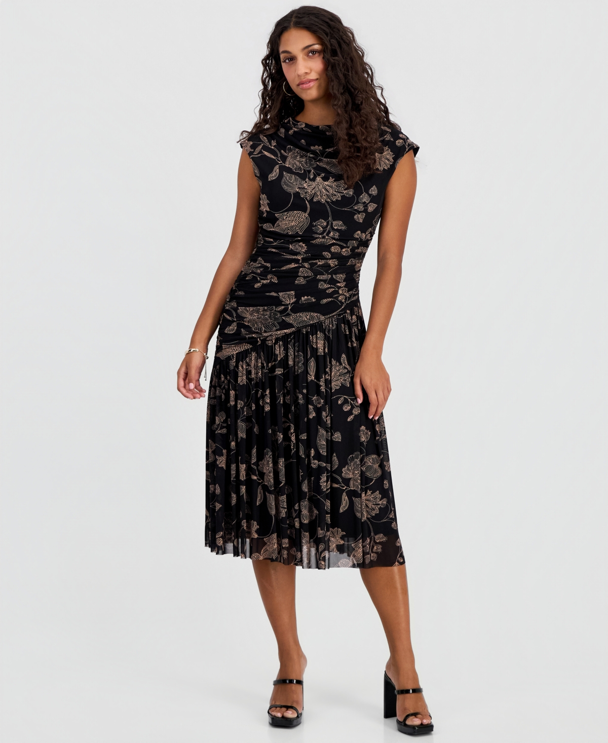 Robbie Bee Petite Printed Side-Ruched Midi Dress