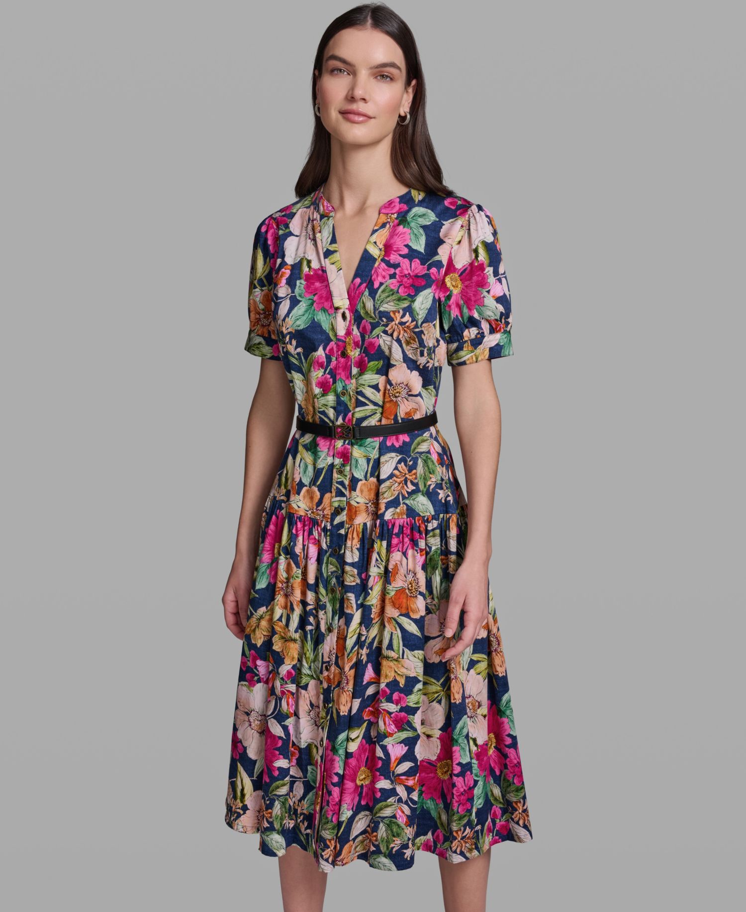 Women's Floral Printed V-Neck Belt Dress