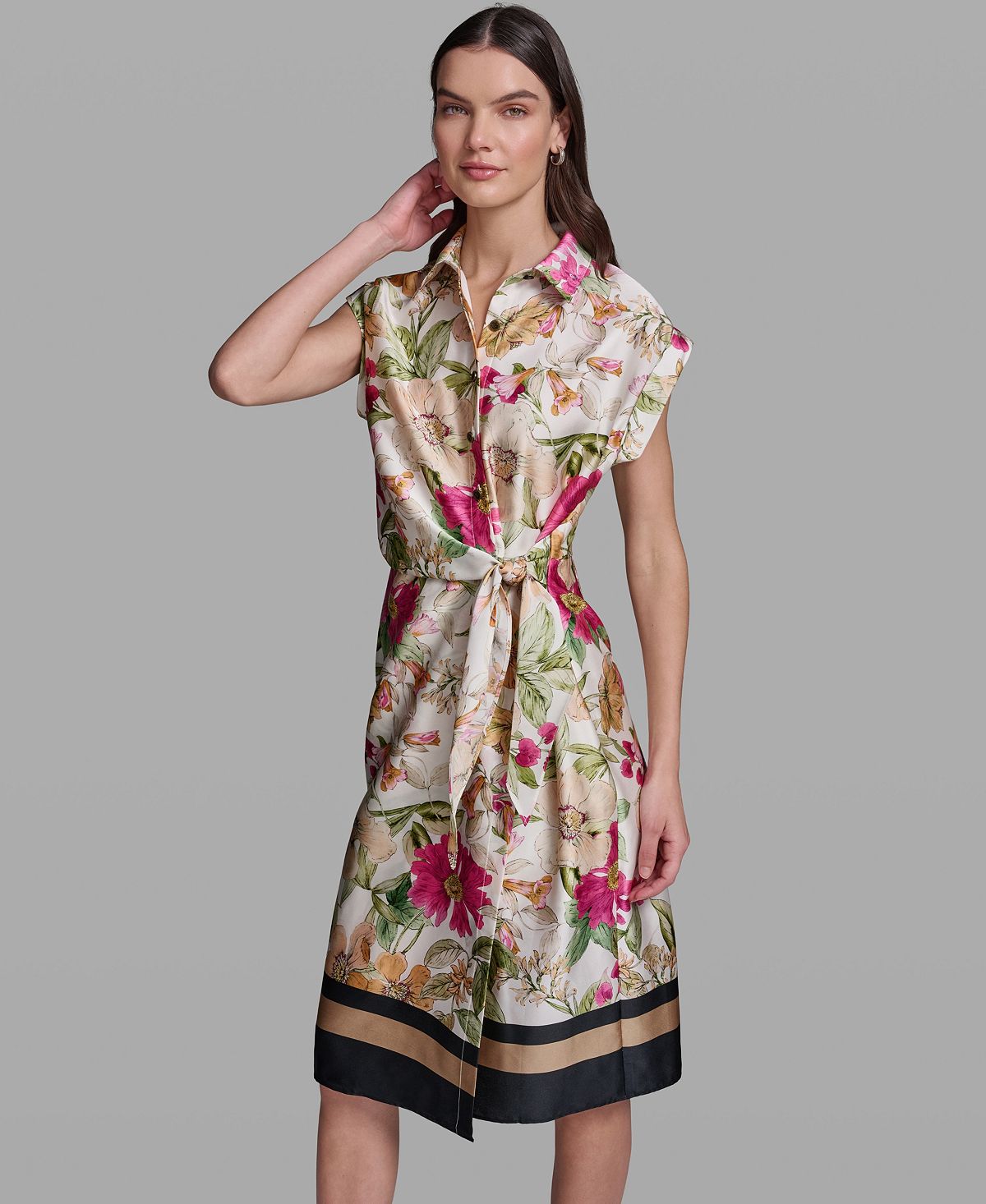 KARL LAGERFELD PARIS Women's Floral Print Short-Sleeve Side-Tie Dress view 1 — MAYCSS fashion products