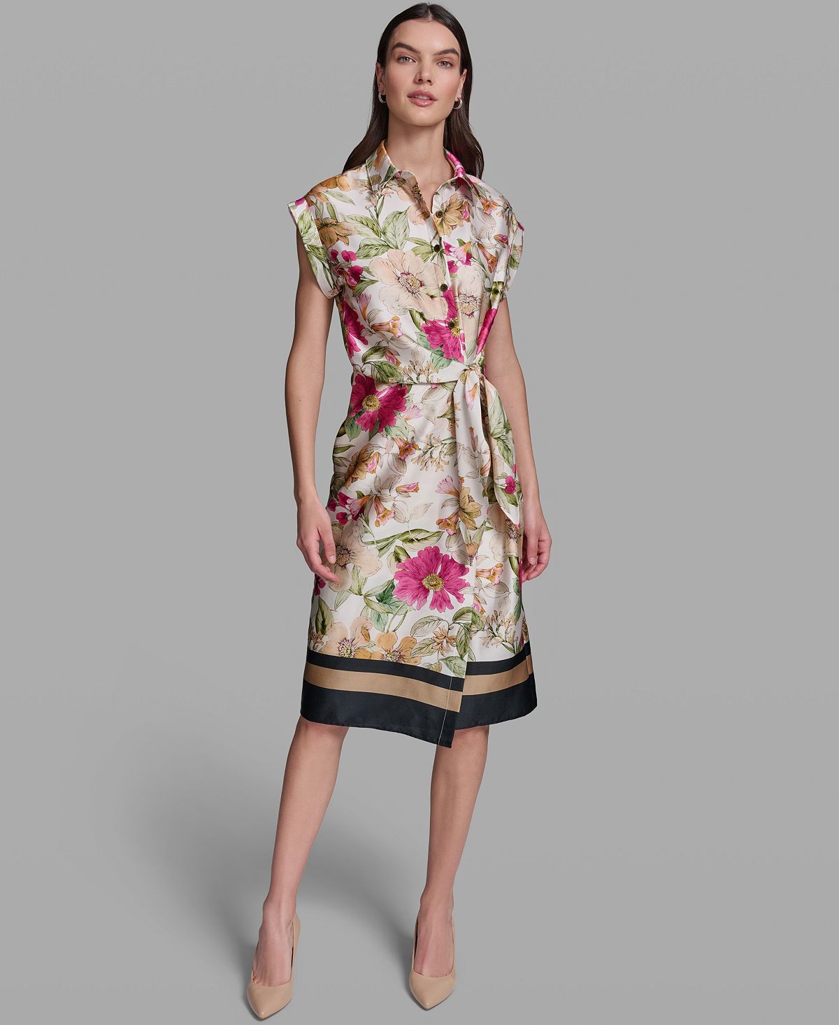 KARL LAGERFELD PARIS Women's Floral Print Short-Sleeve Side-Tie Dress view 2 — MAYCSS fashion products