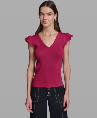 Women's V-Neck Flutter Cap-Sleeve Sweater