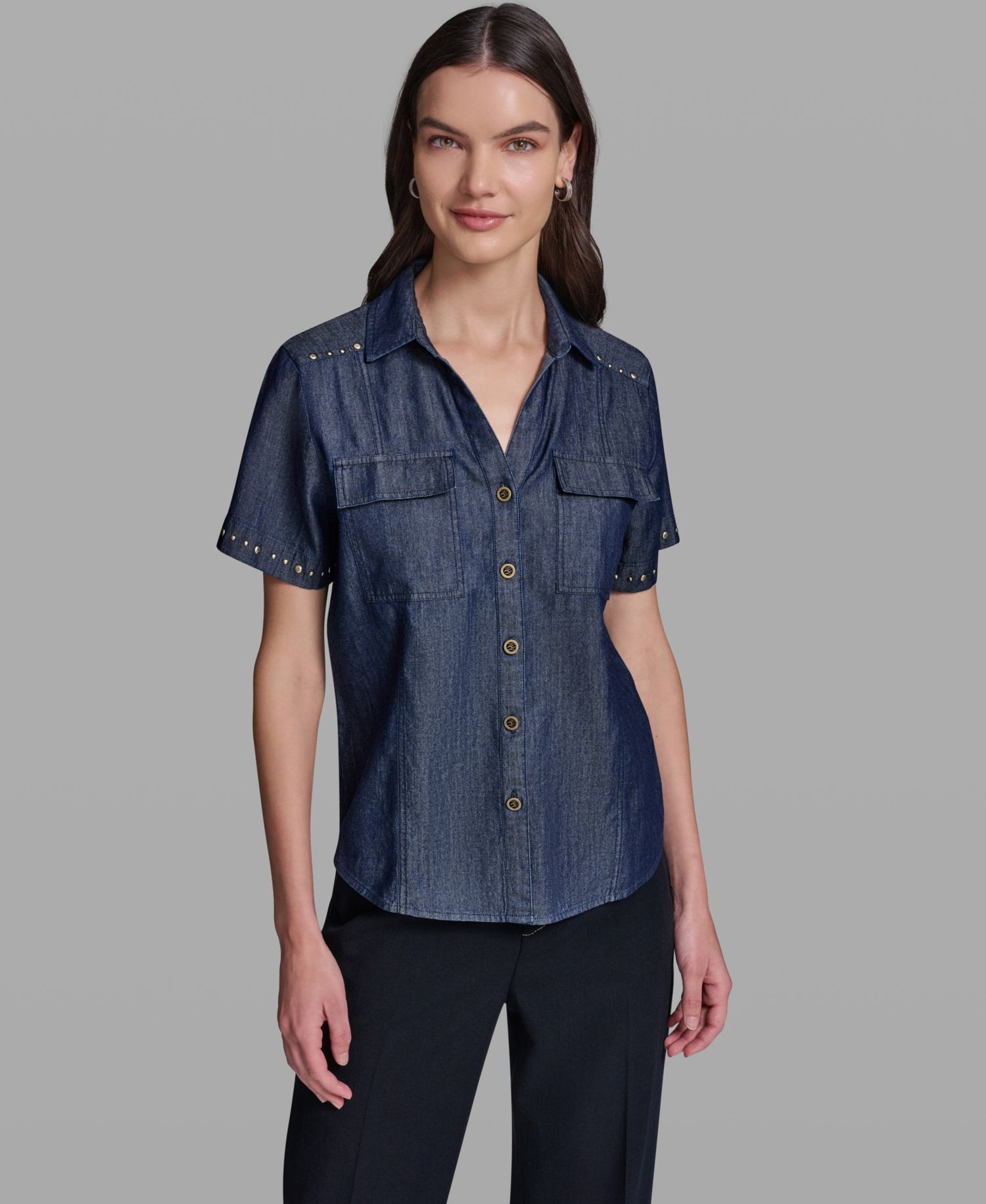 Women's Short-Sleeve Nailhead Trim Camp Shirt