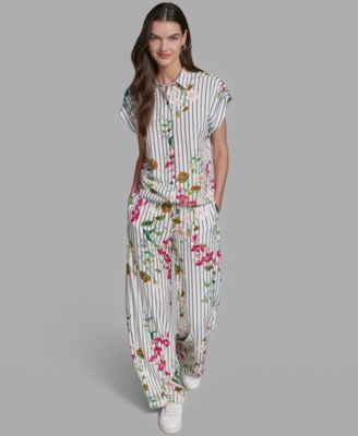 Women's Short-Sleeve Bungee Woven Collared Top and Soft Mid-Rise Pull-On Pants