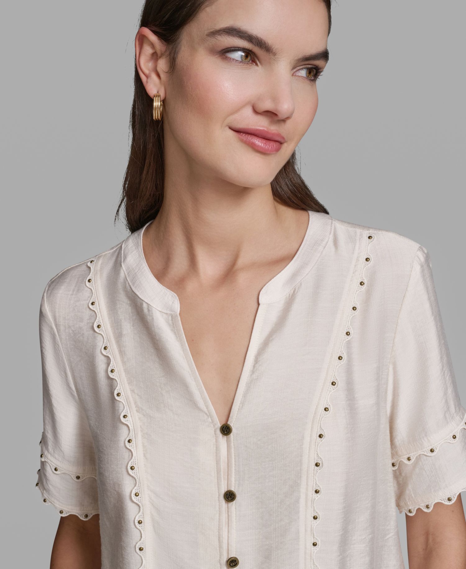Women's Short-Sleeve Nailhead Trim Woven Top