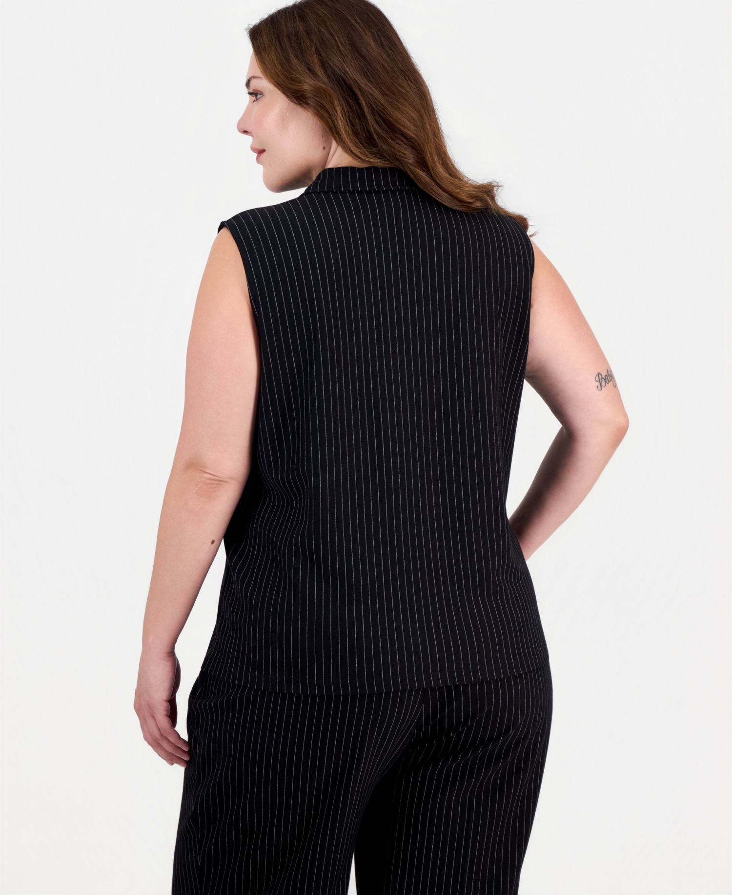 Plus Size Mock-Neck Front-Zip Pinstripe Blouse