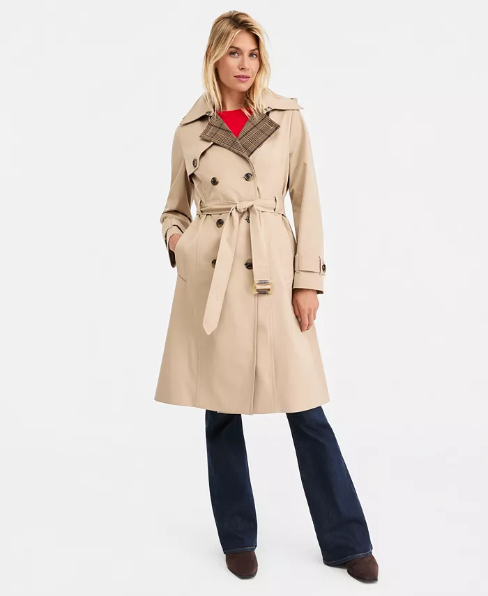 Women's Plaid-Collar Belted Trench Coat, Created for Macy's