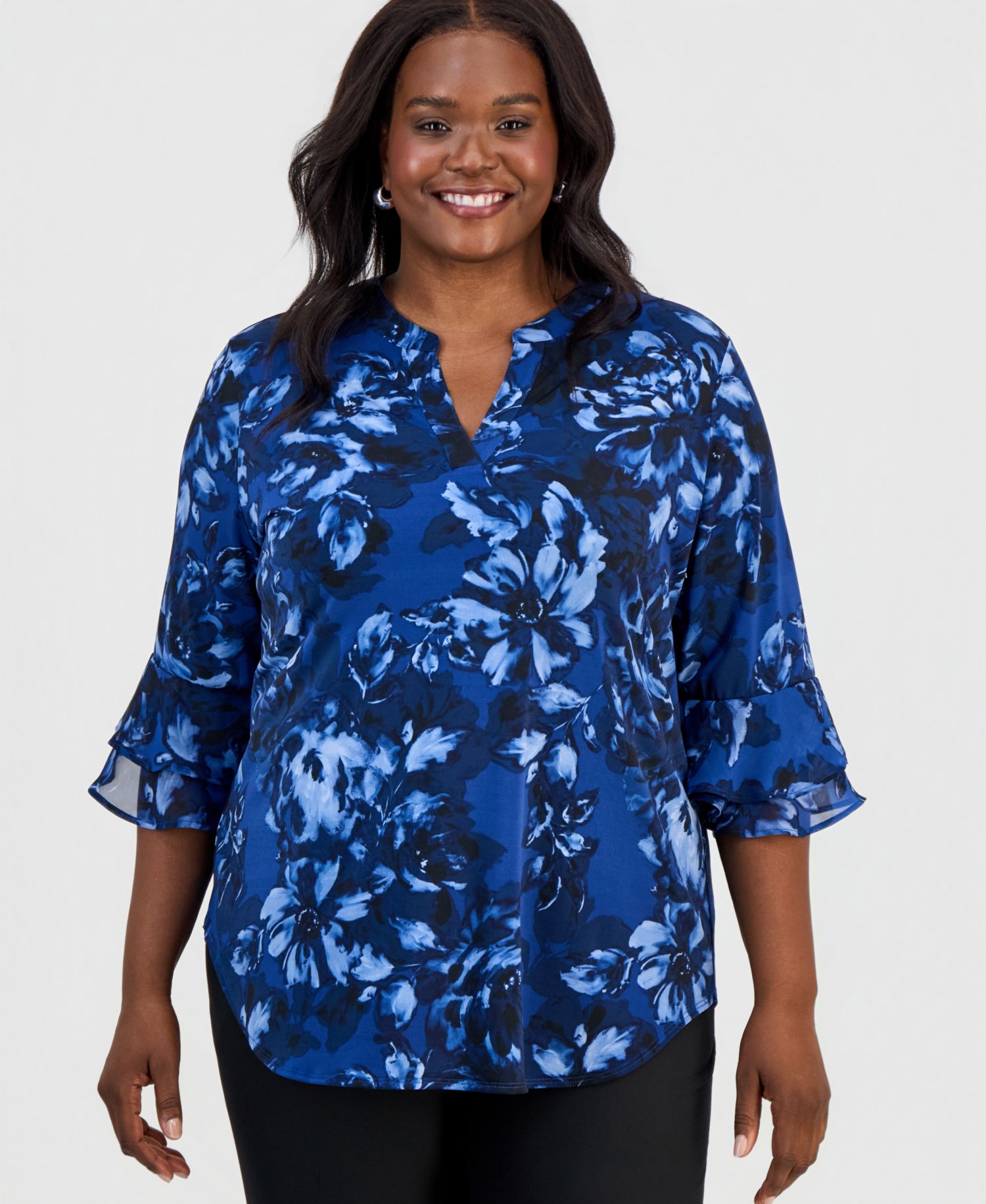 Plus Size Split-Neck Printed Flutter-Sleeve Top