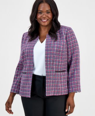 Plus Size Tweed Open-Front Long-Sleeve Jacket