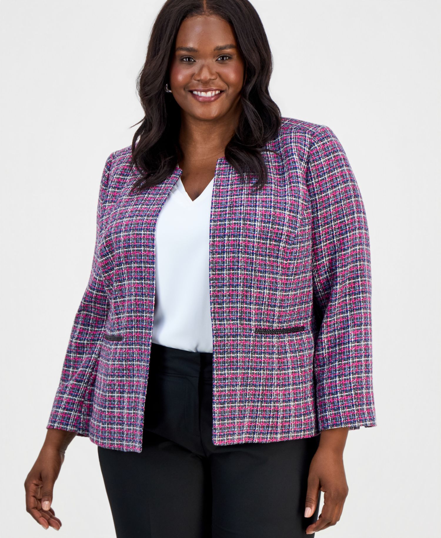 Plus Size Tweed Open-Front Long-Sleeve Jacket