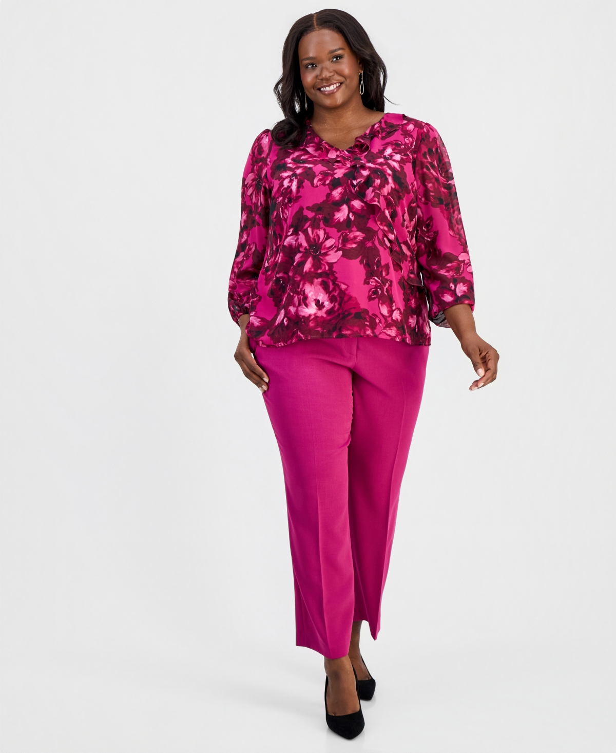 Kasper Plus Printed Ruffled Surplice Top