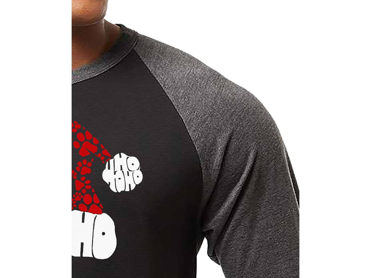 Мужская футболка LA Pop Art Santa Hat Paw Print Word Art Raglan-Sleeve, цвет: Чёрный / Серый — фото 2