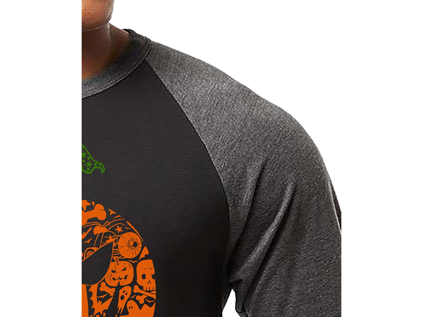 Мужская футболка LA Pop Art Halloween Pumpkin Word Art Raglan-Sleeve, цвет: Чёрный / Серый — фото 2